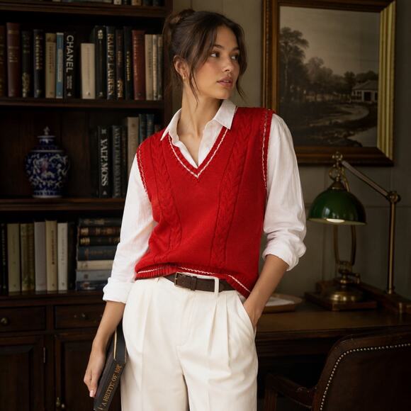 Catalina Jackets & Blazers - Vintage Catalina Red Cable Knit Cricket Sweater Vest XL 90s Preppy